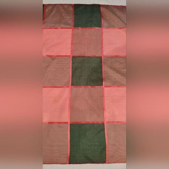 Vintage Checkered Square Scarf Pink & Grey Ribbon Rolled Hem - Picture 3 of 11